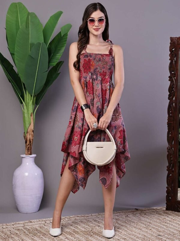 Women's Maroon Floral Print Cotton Handkerchief Hem Midi Dress