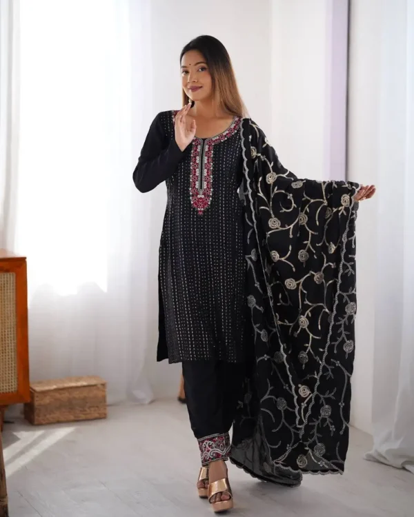 Women's Chinon Silk Sequence And Thread Work Straight Kurti With Pant & Dupatta Set