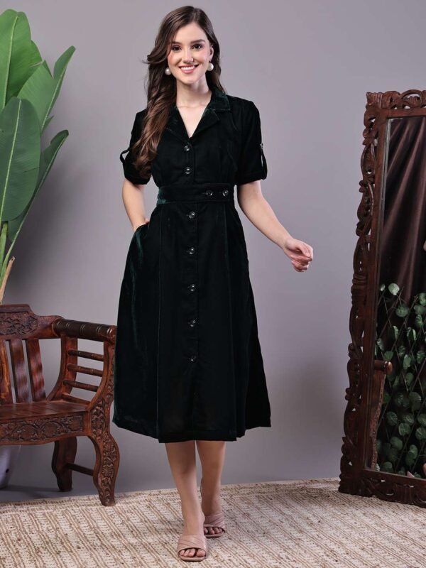 Women's Black Velvet Solid Print Shirt Midi Dress with Belt