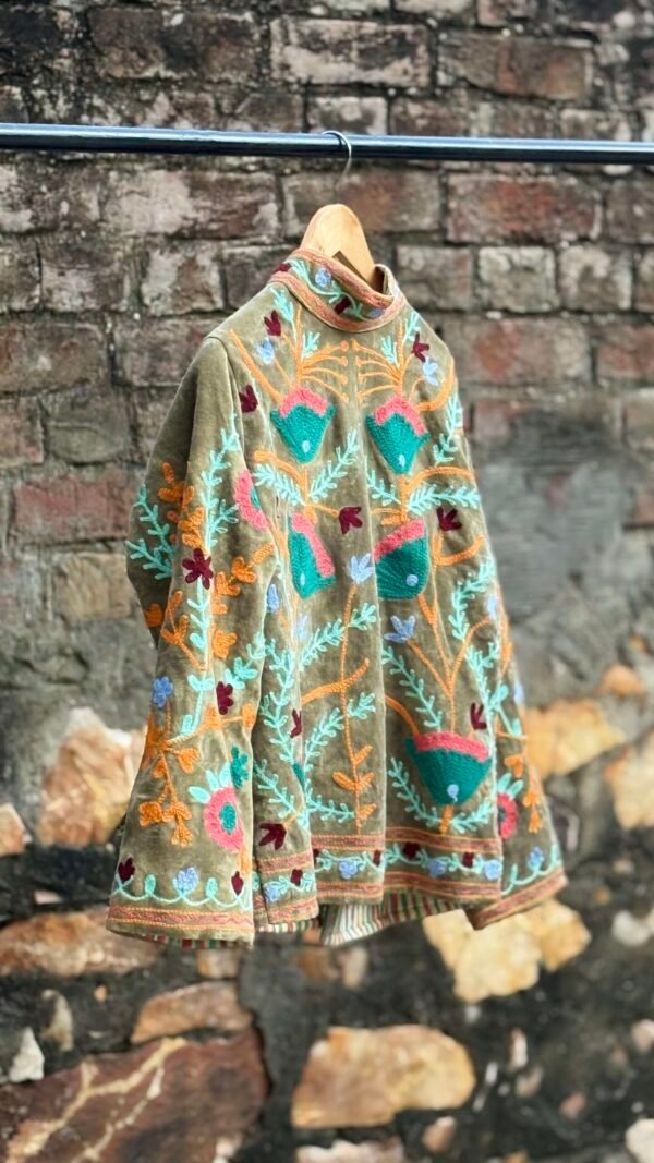 Womens Olive Green Velvet Embroidered Jacket with Floral Design